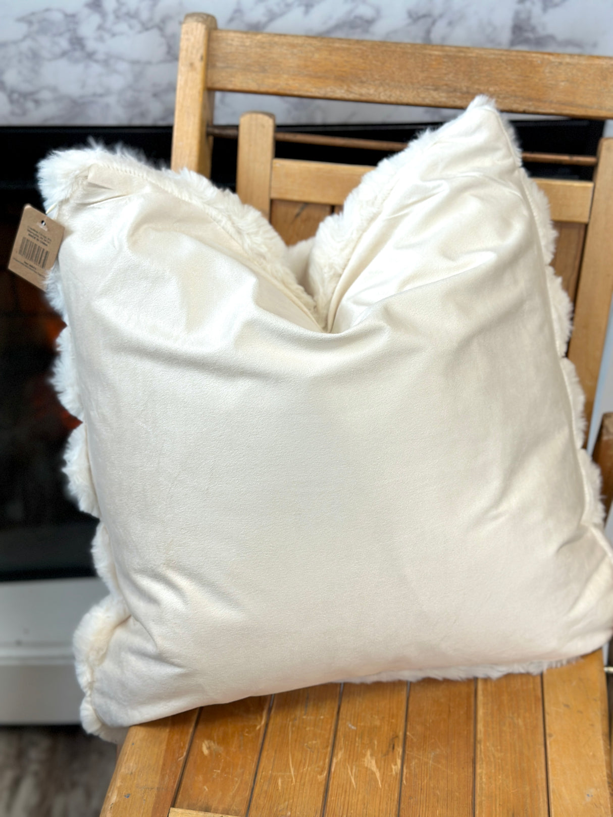 Cream Faux Fur & Velvet Pillow with Channel Stitch