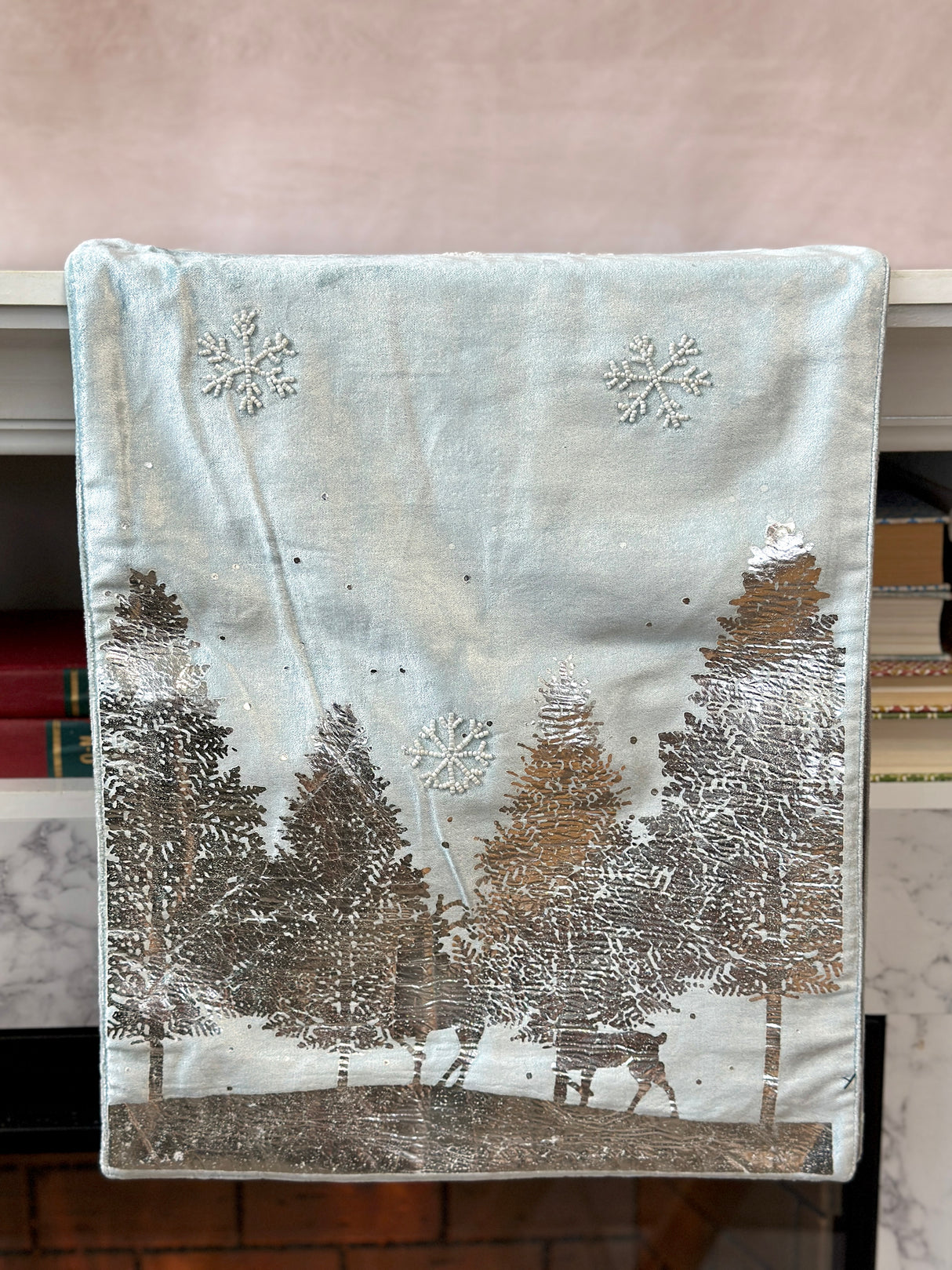 Silver Foil Trees & Beaded Snowflakes Velvet Table Runner