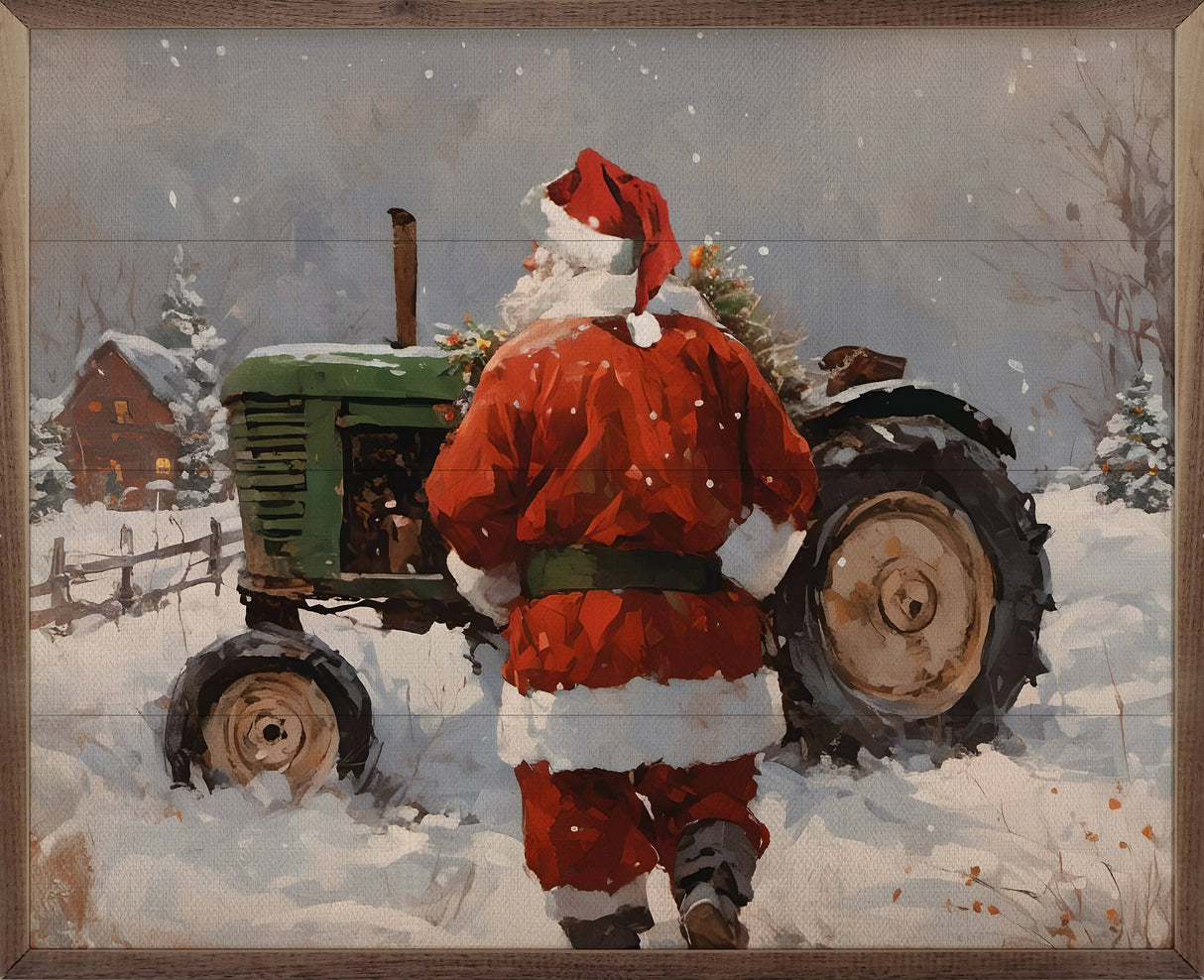 Santa with Green Tractor Wood Art