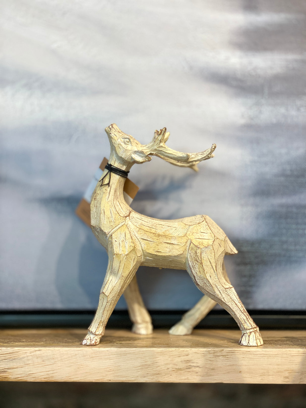 Whitewashed Carved Wood Finish Resin Deer