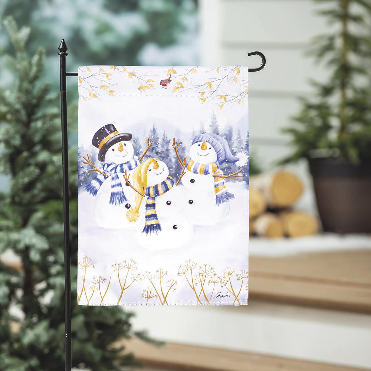 Happy Snowmen Trio Suede Garden Flag