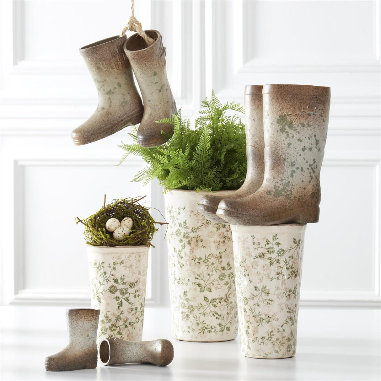 Cream & Green Floral Ceramic Pot -3 Sizes