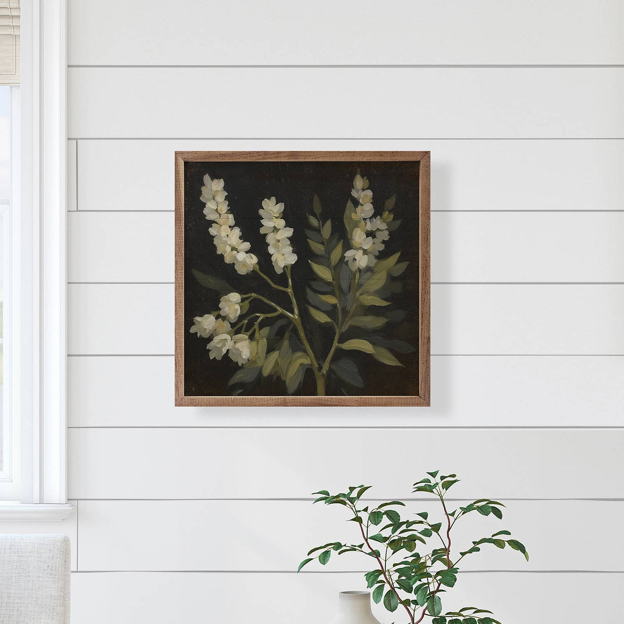 White Floral Prints On Black Wood Art