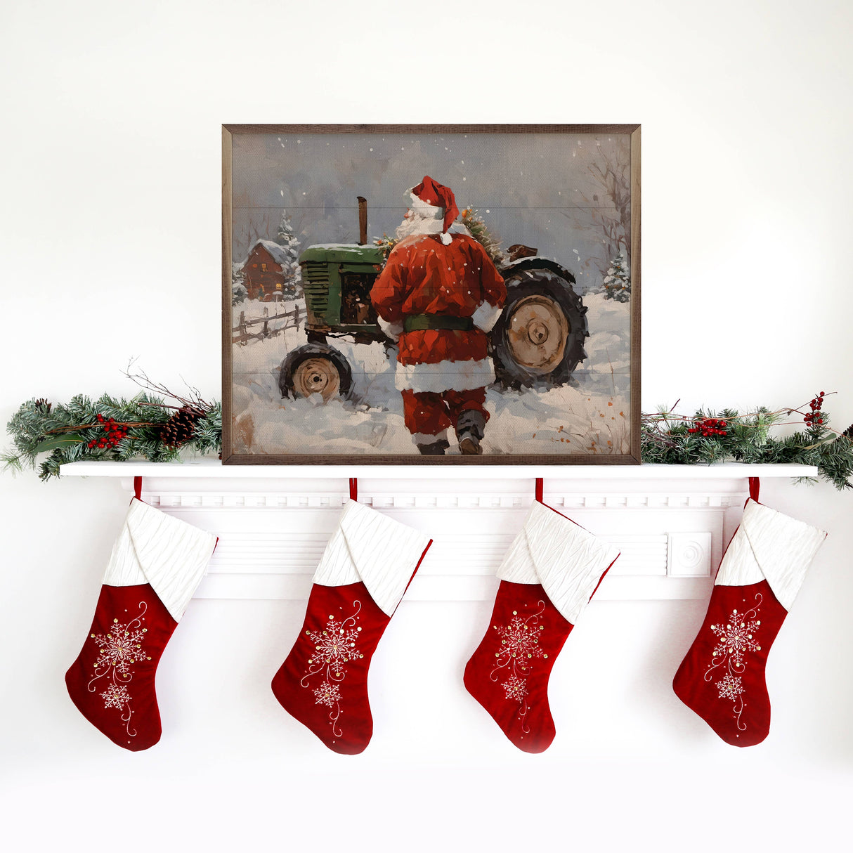 Santa with Green Tractor Wood Art