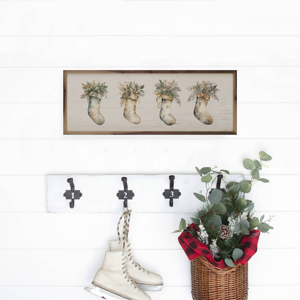 Four Neutral Filled Stockings Wood Art