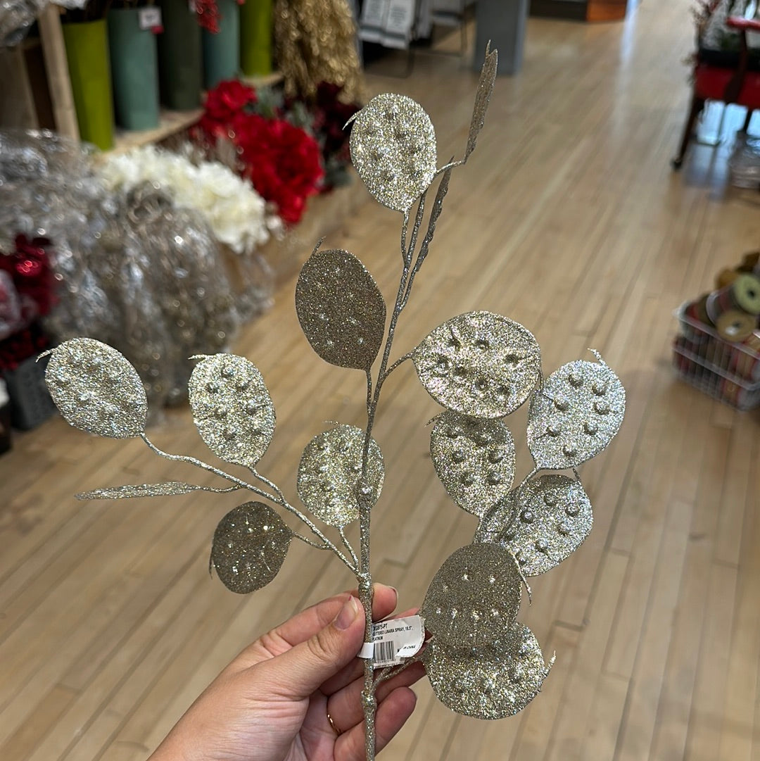 Platinum Glittered Lunaria Spray