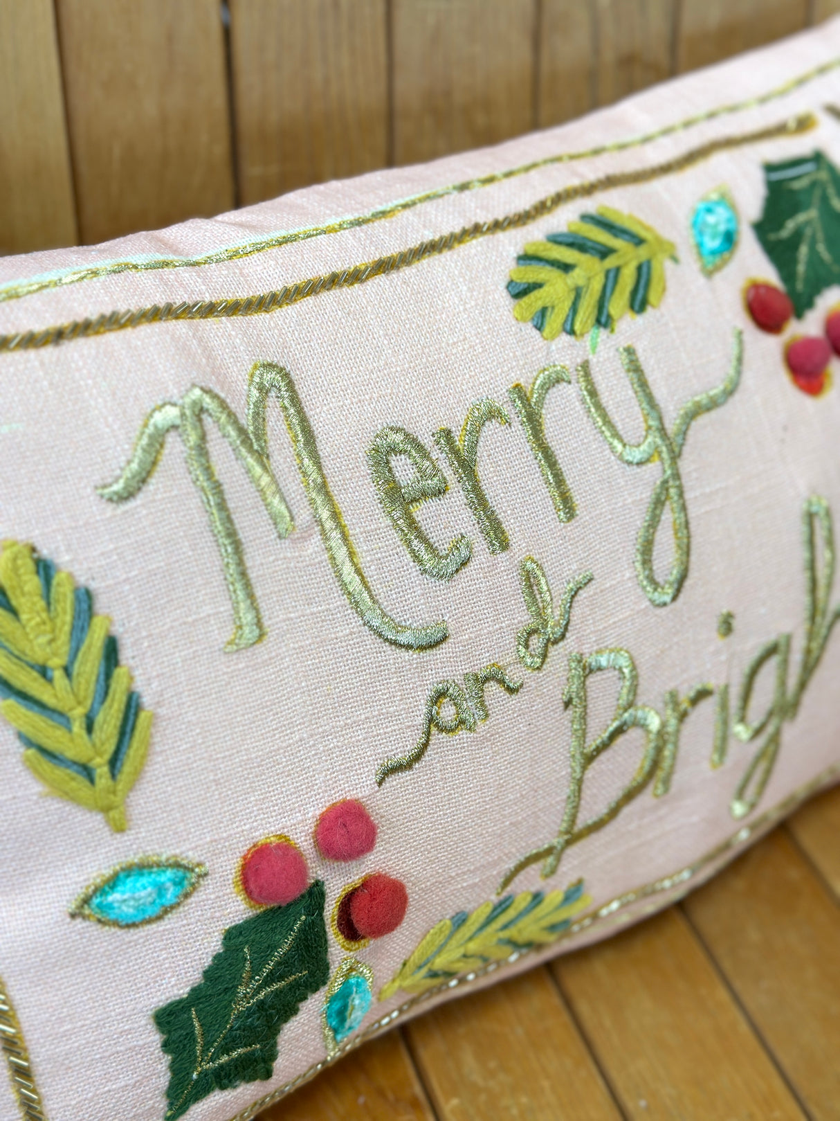 Merry & Bright Hand Embroidered Lumbar Pillow
