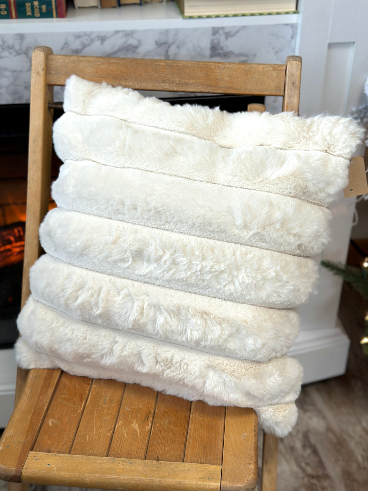 Cream Faux Fur & Velvet Pillow with Channel Stitch