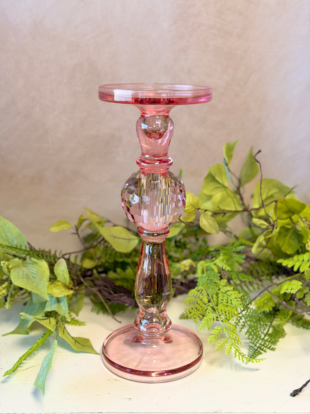 13" Pink Glass Candleholder