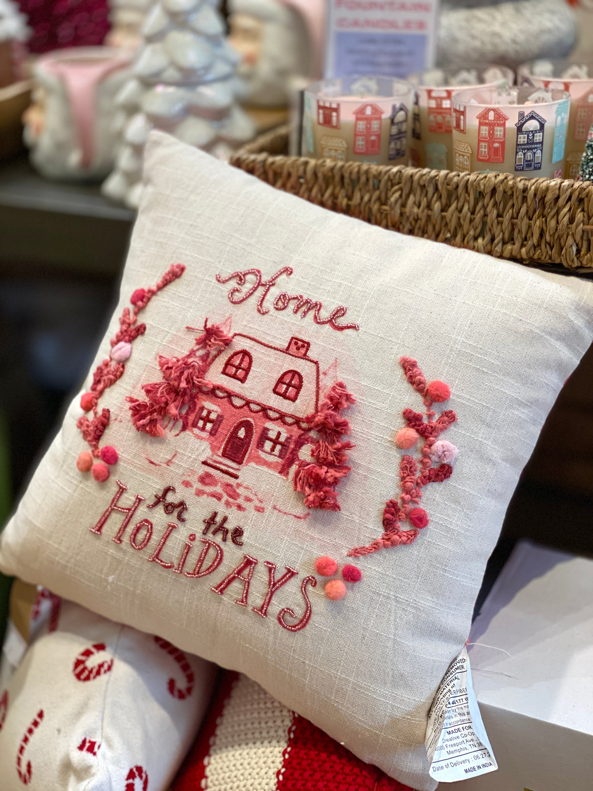 Embroidered House Holiday Pillow