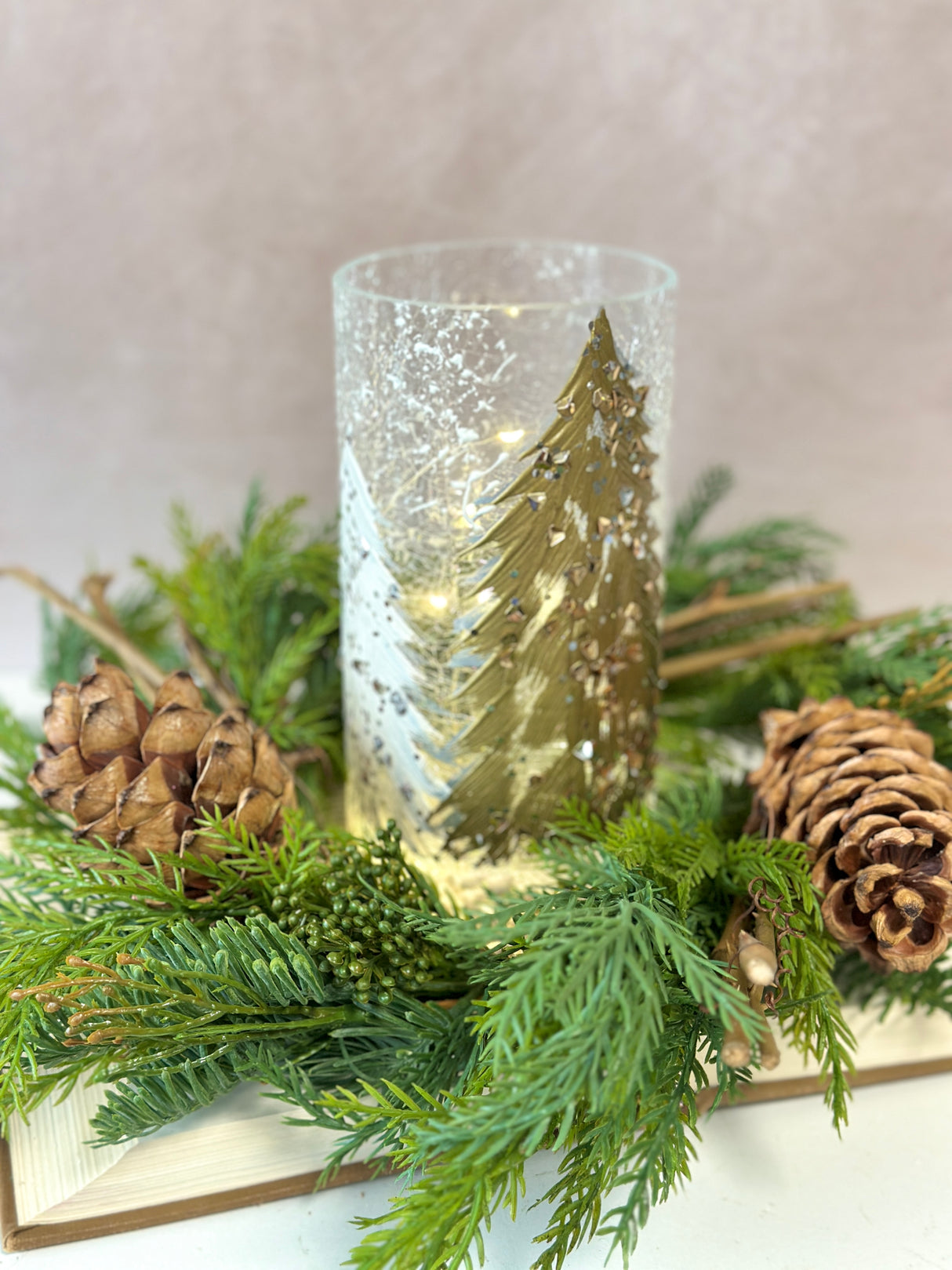 Gold Tree Lighted Glass Pillar