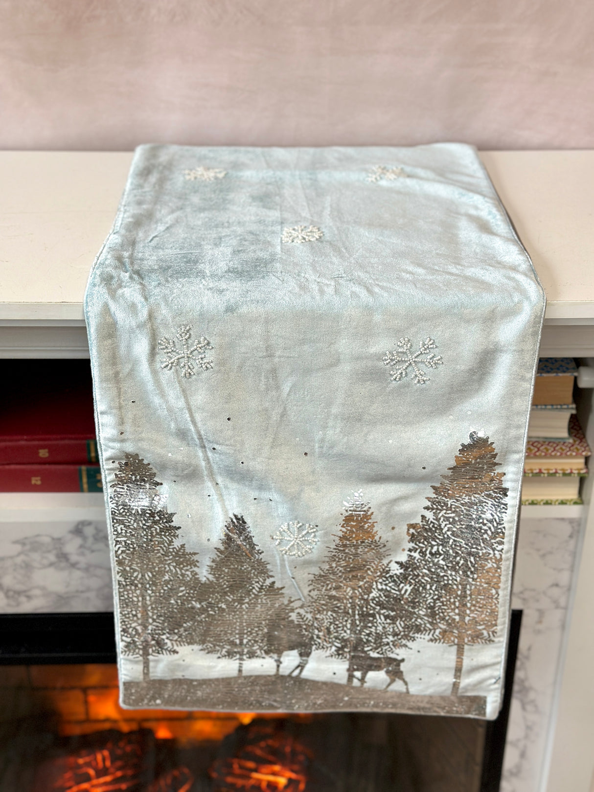 Silver Foil Trees & Beaded Snowflakes Velvet Table Runner