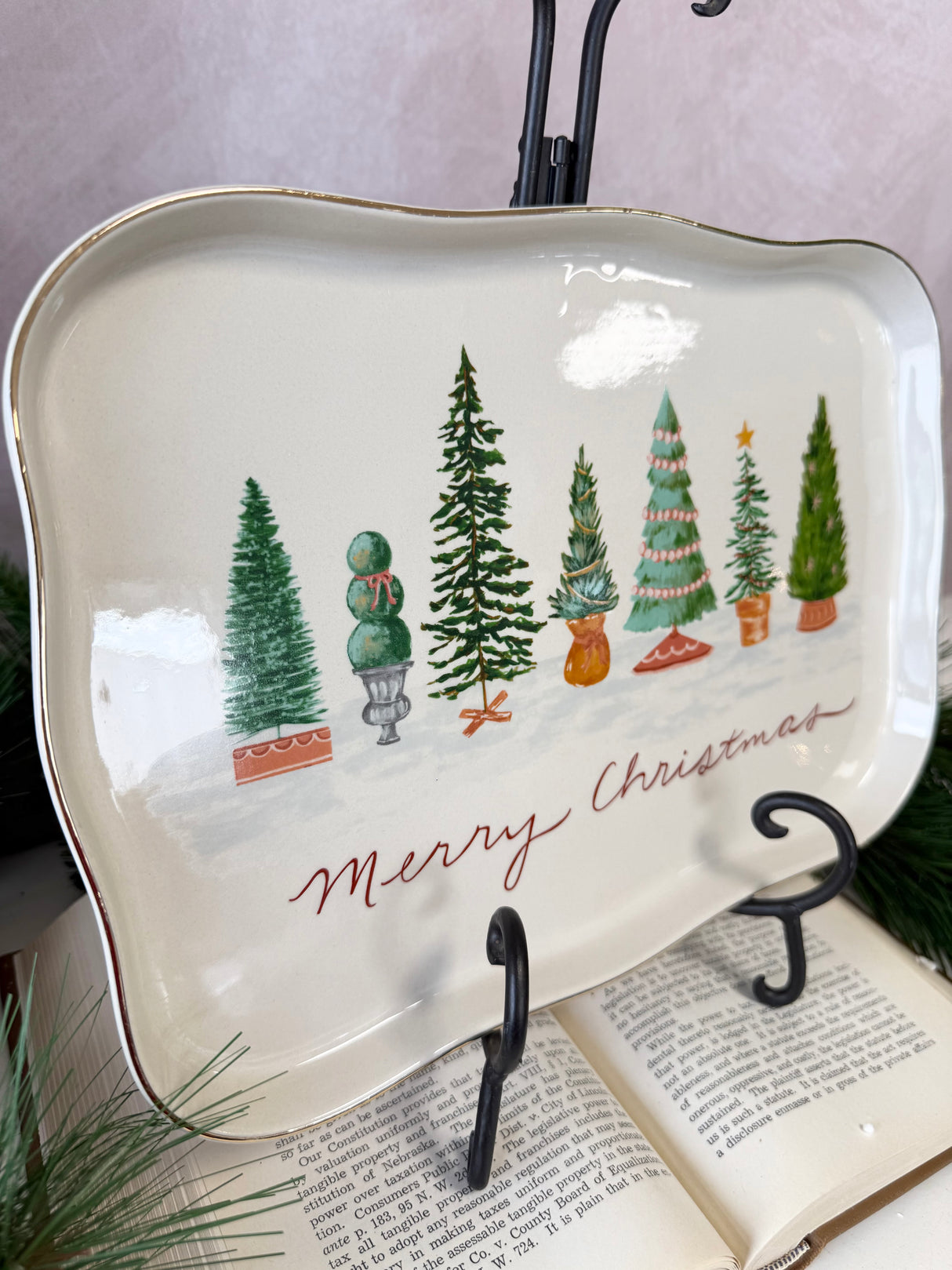 Merry Christmas Stoneware & Gold Scalloped Platter