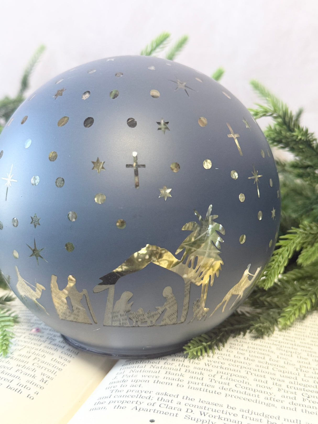 Navy & Gold Nativity Lighted Glass Orb