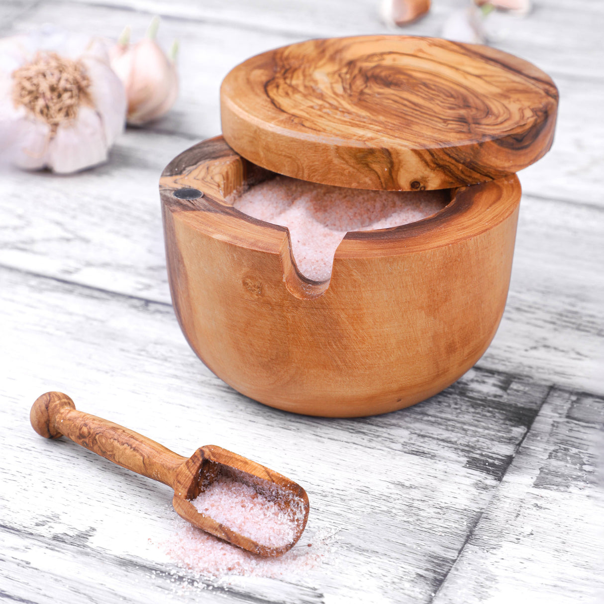 Olive Wood Handmade Salt Cellar with Scoop