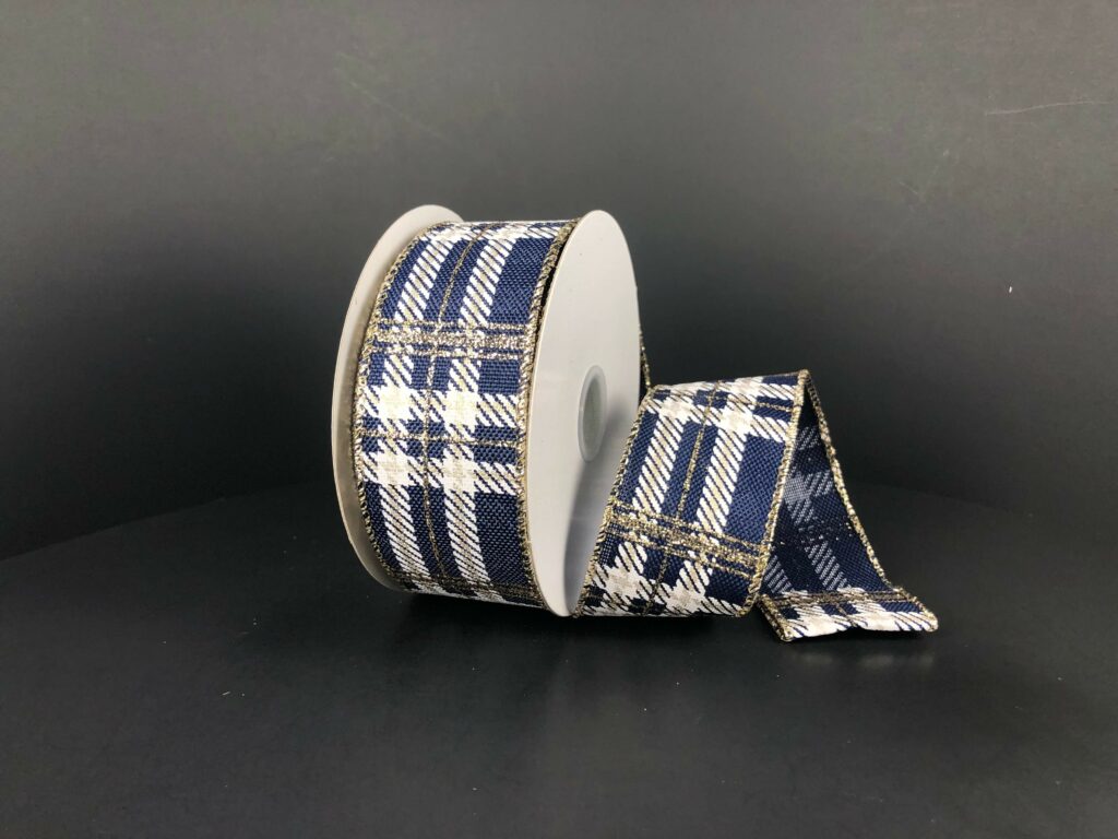 1.5" Navy Glitter Plaid Ribbon Bolt