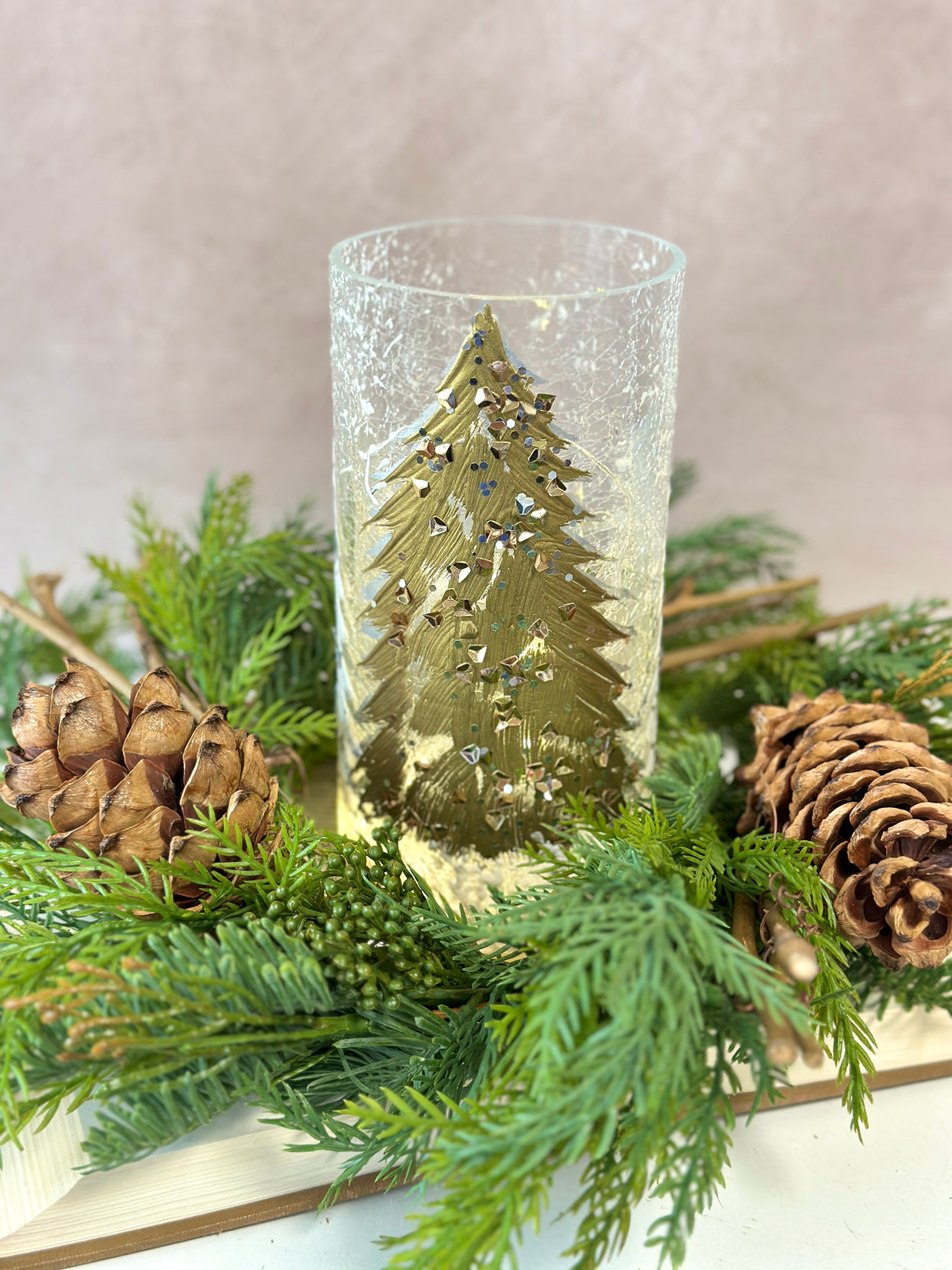 Gold Tree Lighted Glass Pillar