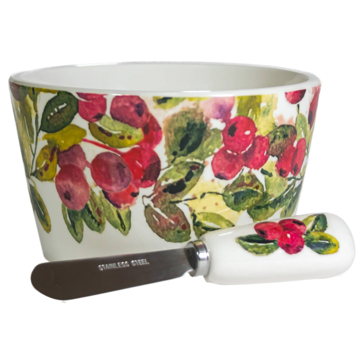 Cranberry Wreath Ceramic Bowl & Spreader