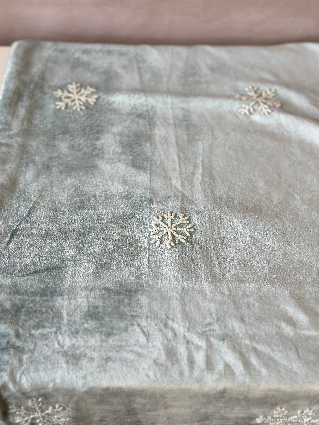 Silver Foil Trees & Beaded Snowflakes Velvet Table Runner