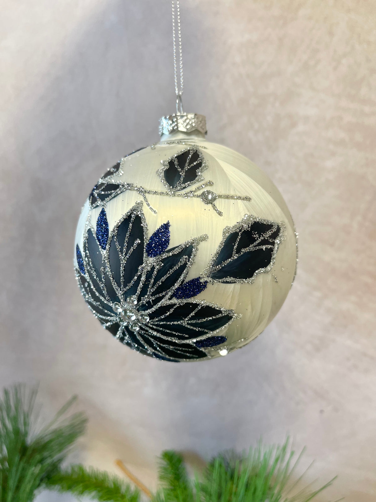 Navy Poinsettia Glass Ornament - 2 Styles