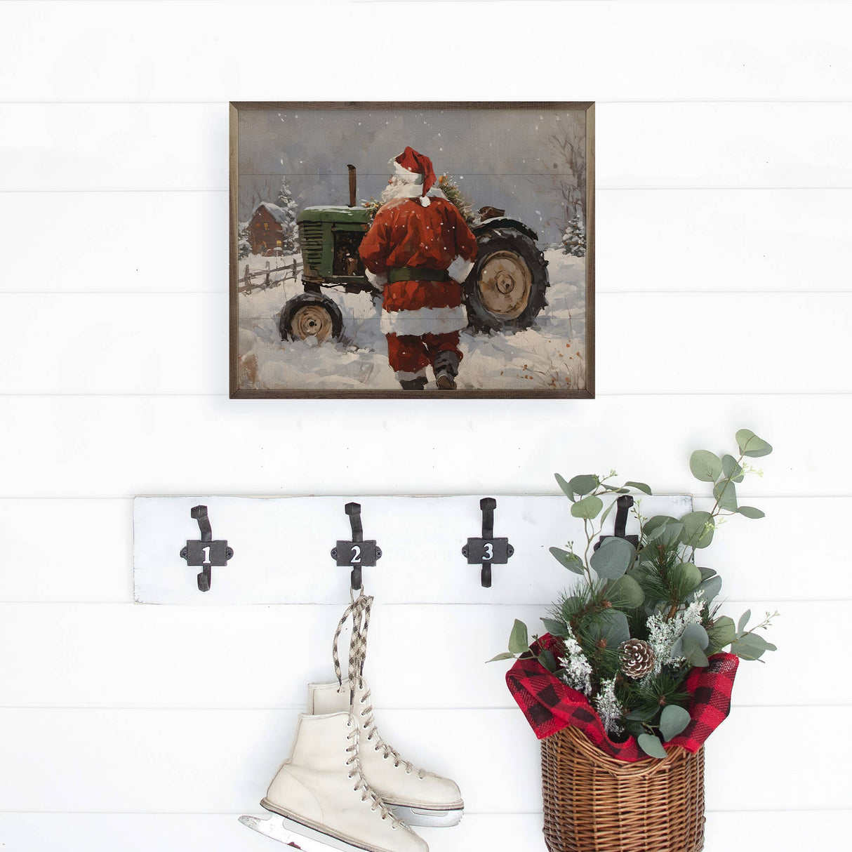 Santa with Green Tractor Wood Art