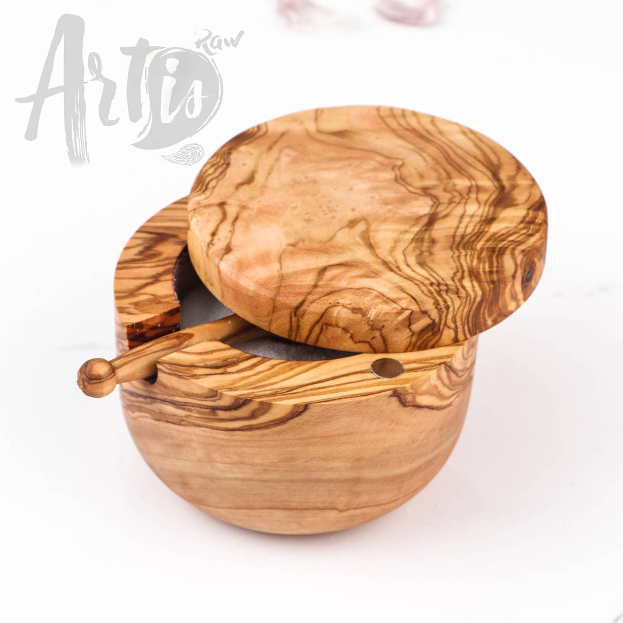Olive Wood Handmade Salt Cellar with Scoop