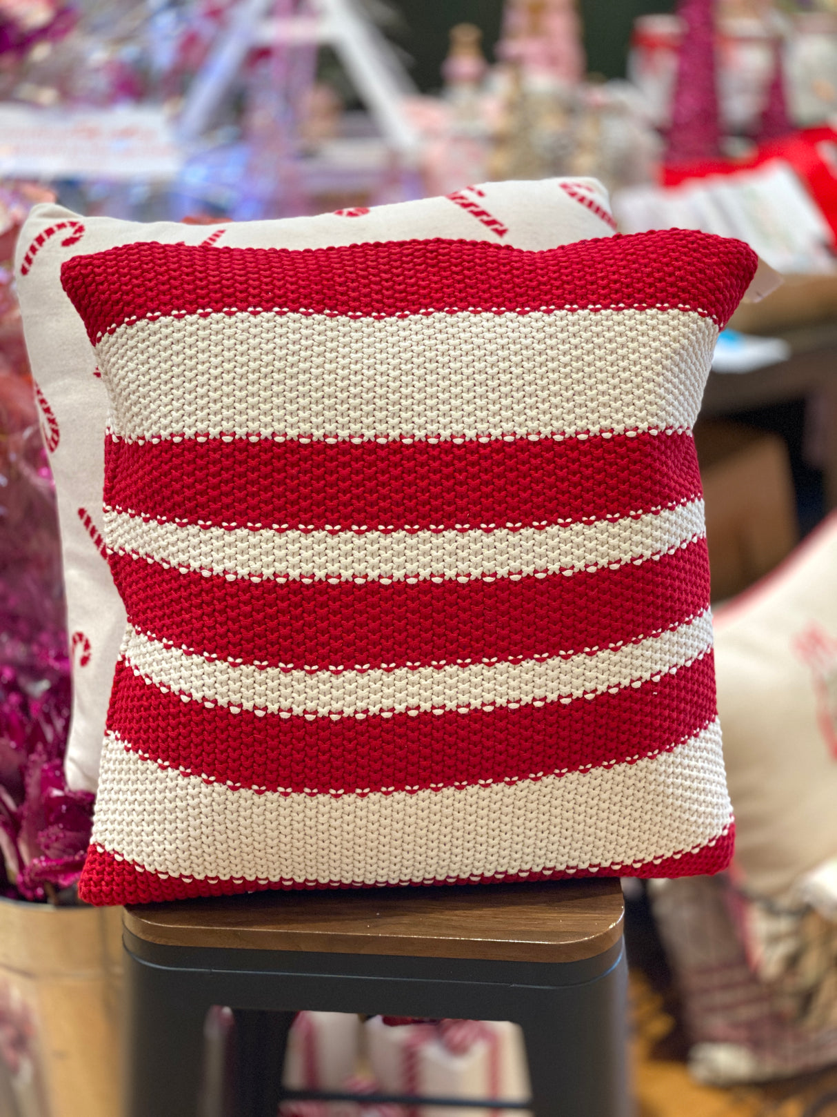 Cotton Knit Red & Cream Striped Pillow