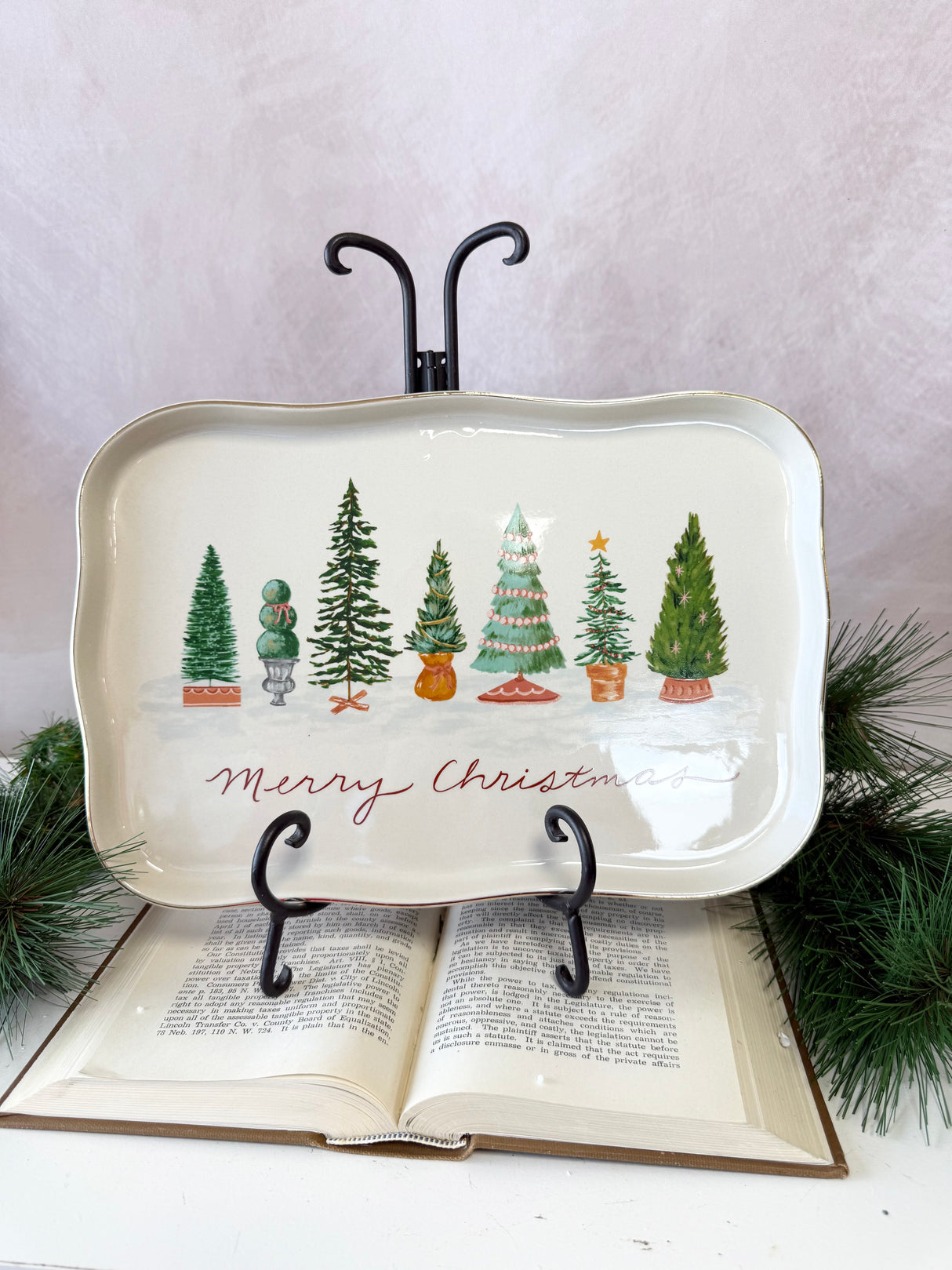 Merry Christmas Stoneware & Gold Scalloped Platter