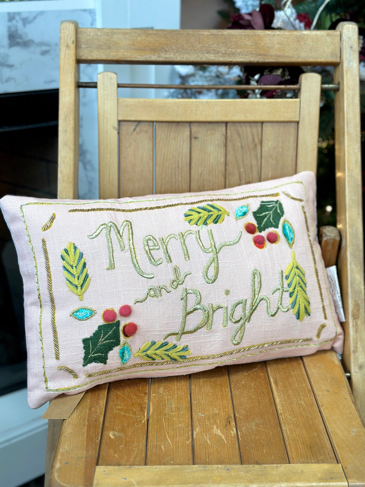 Merry & Bright Hand Embroidered Lumbar Pillow