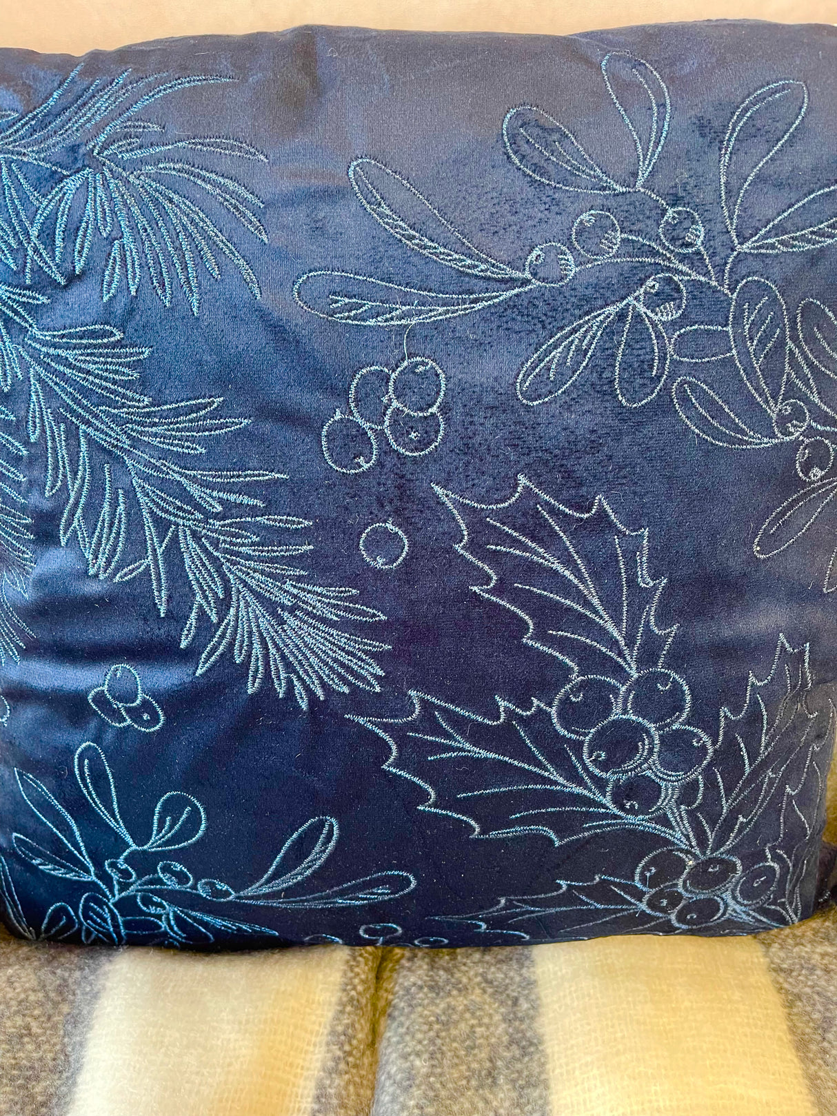 Navy Holly & Mistletoe Pillow