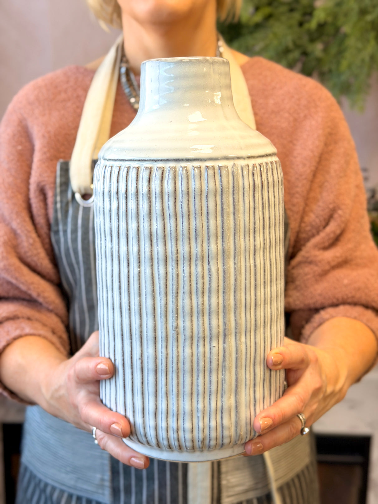 Cream Stripe Terracotta Vase
