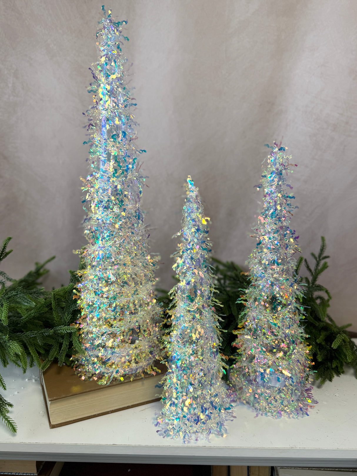 Iridescent Tinsel Cone Tree Set of 3