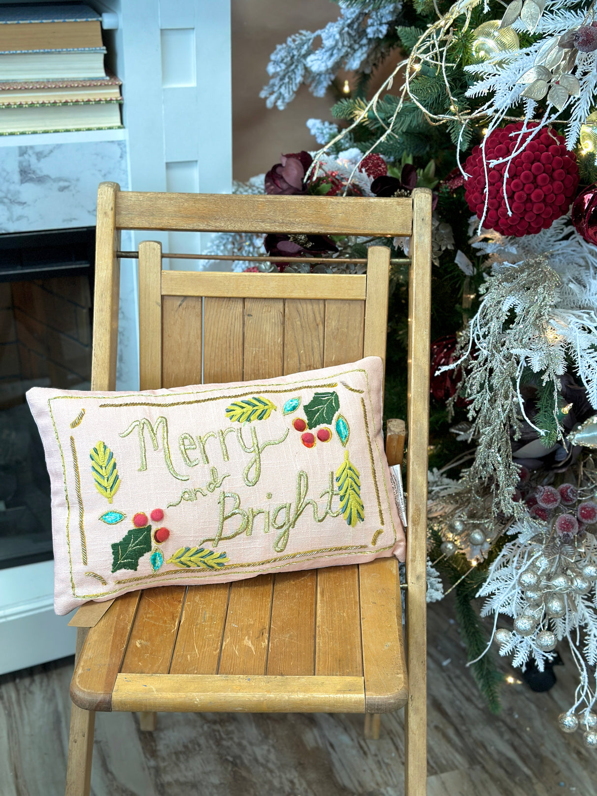 Merry & Bright Hand Embroidered Lumbar Pillow