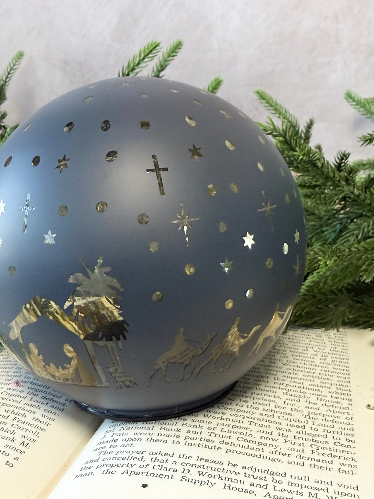 Navy & Gold Nativity Lighted Glass Orb