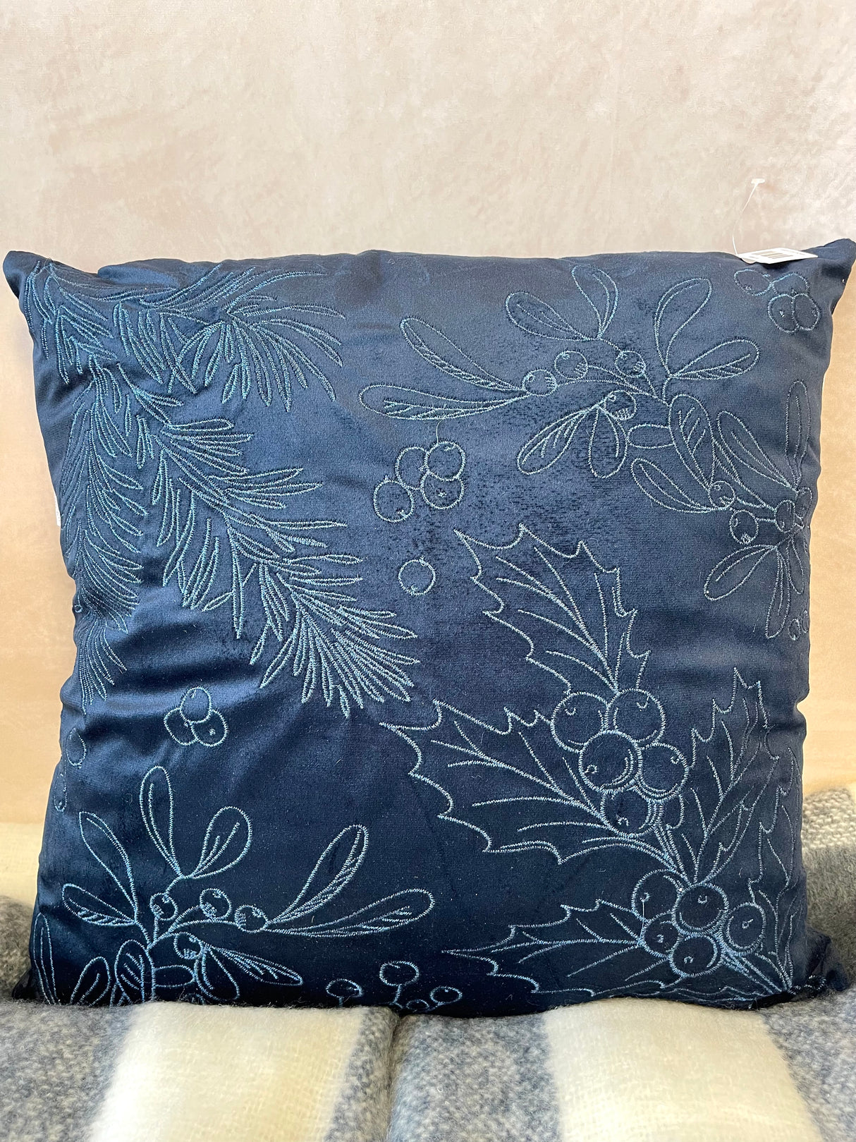 Navy Holly & Mistletoe Pillow