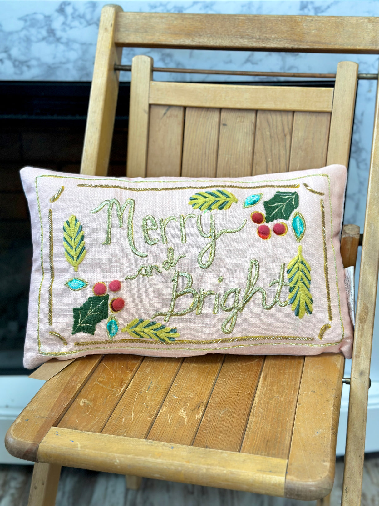 Merry & Bright Hand Embroidered Lumbar Pillow