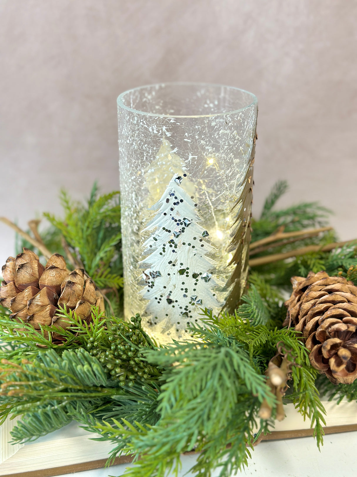 Gold Tree Lighted Glass Pillar