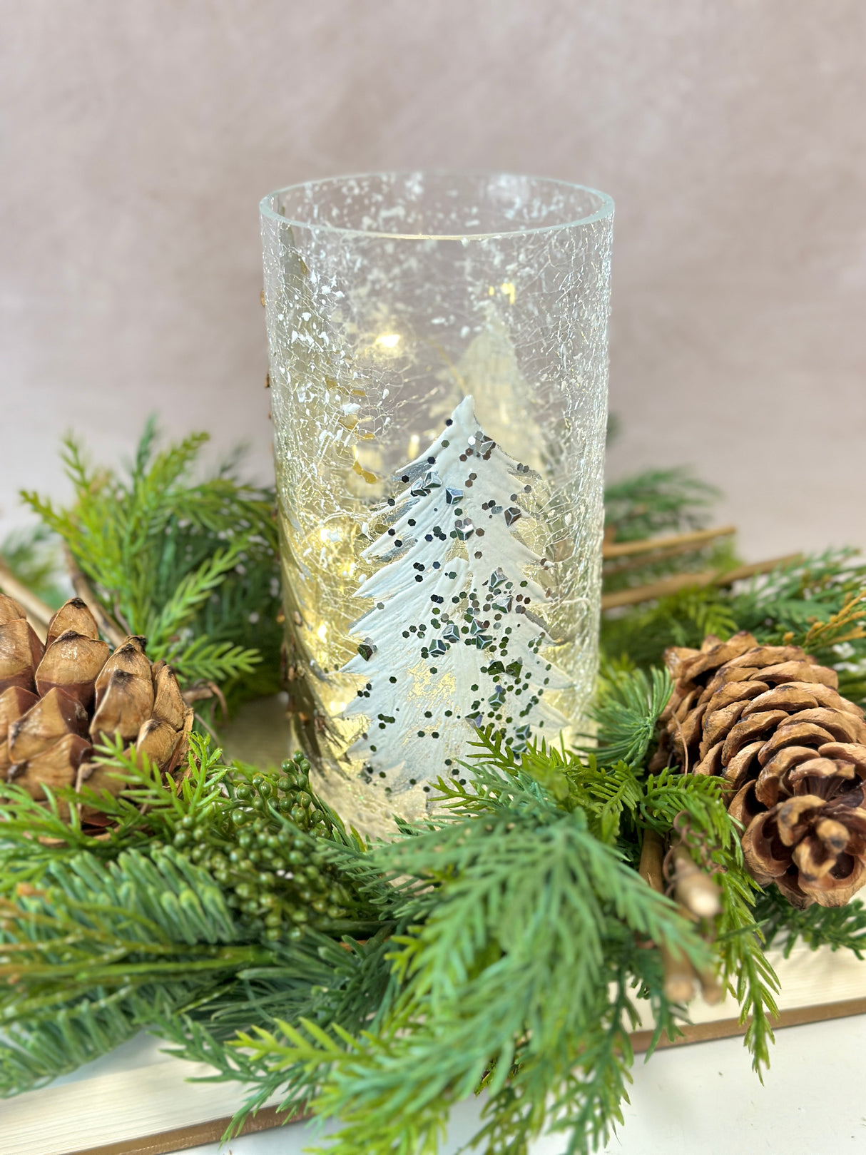 Gold Tree Lighted Glass Pillar