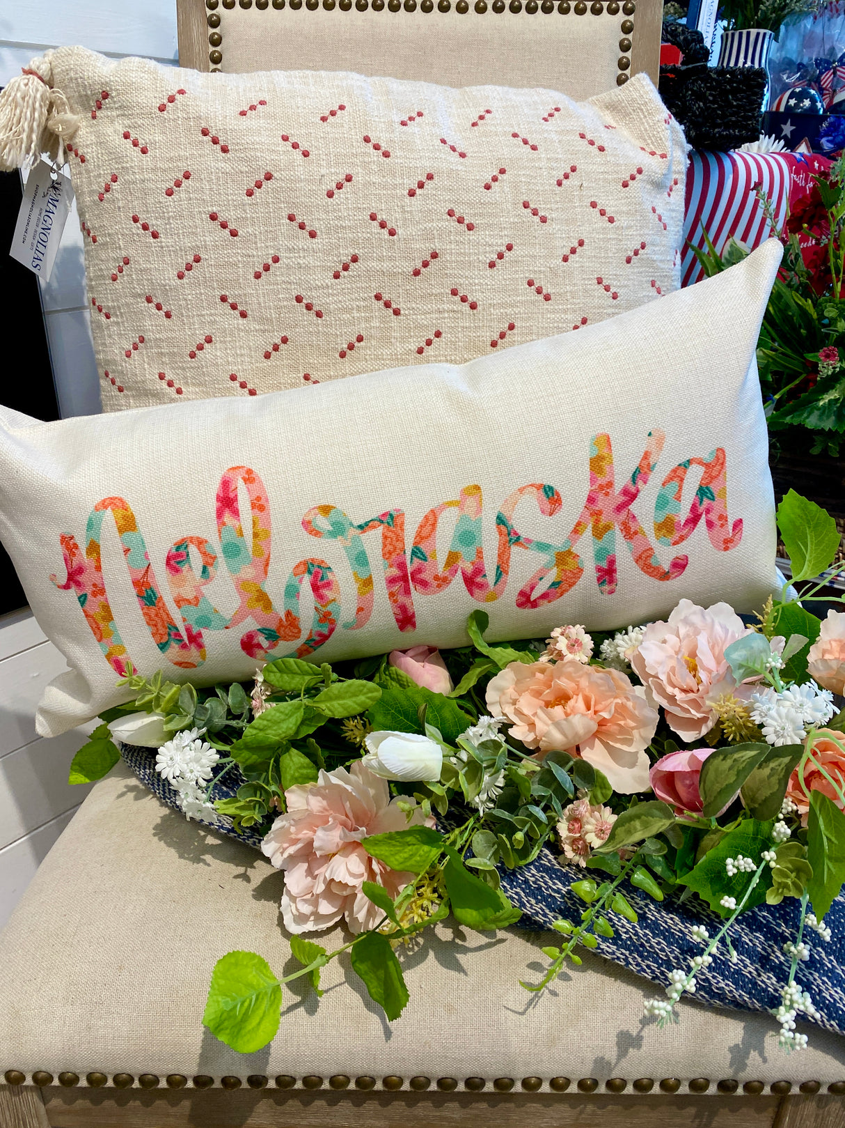 Calli Cream & Red Embroidered Cotton Pillow