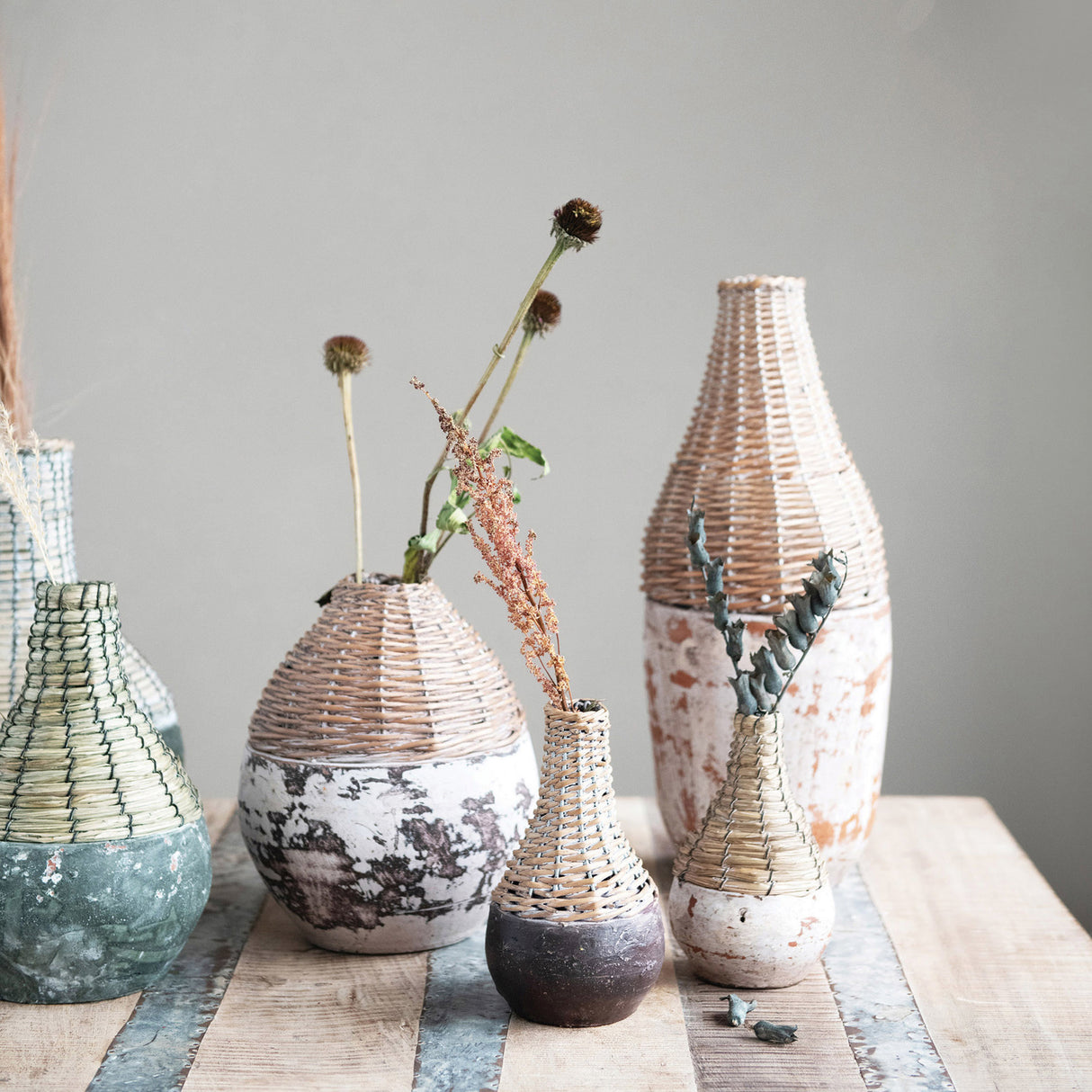 Distressed Hand-Woven Rattan and Clay Vase