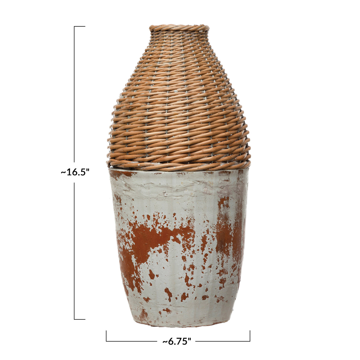 Distressed Hand-Woven Rattan and Clay Vase