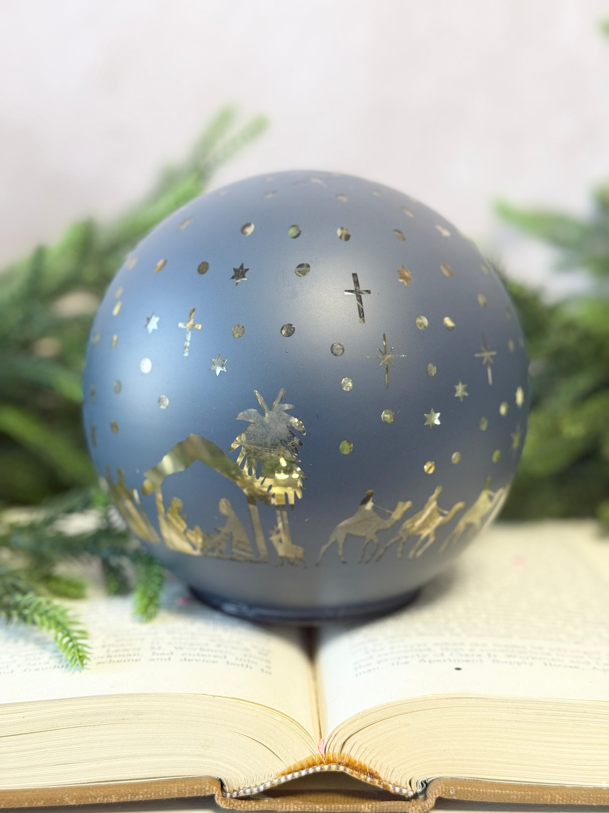 Navy & Gold Nativity Lighted Glass Orb