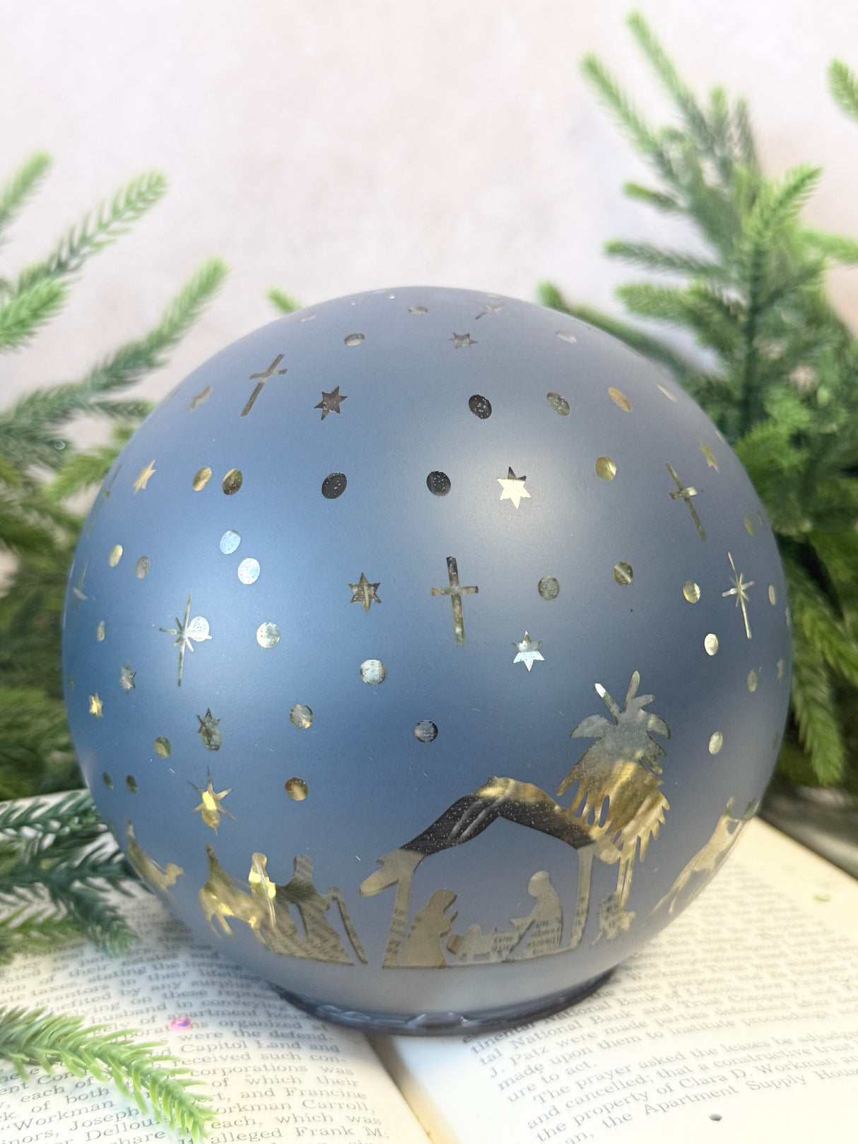 Navy & Gold Nativity Lighted Glass Orb