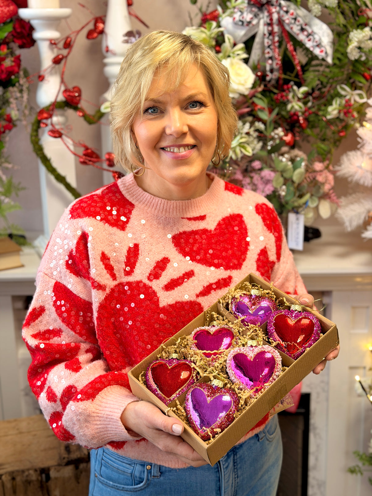 Glass Sequin Heart Ornament Box of 6