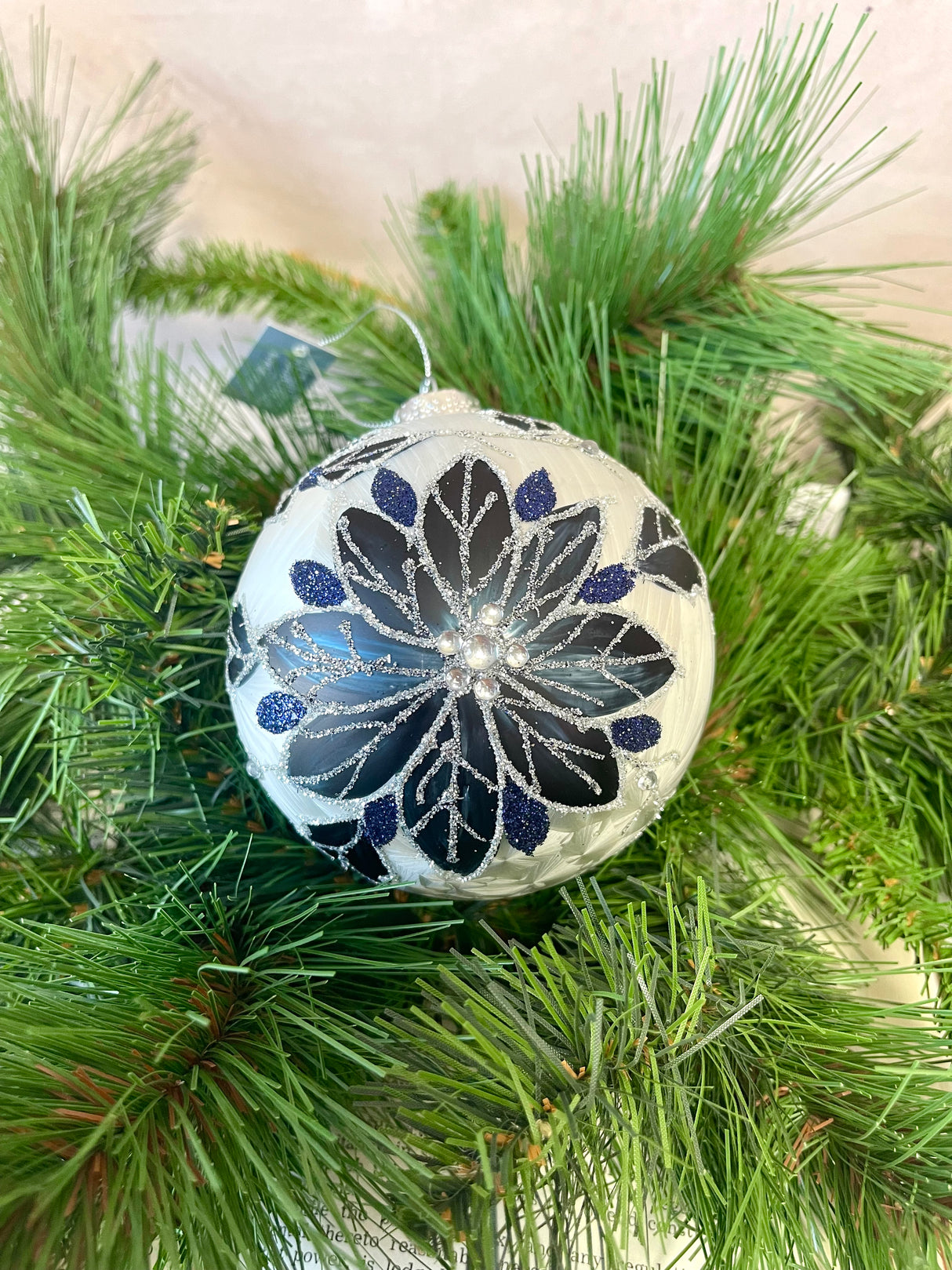 Navy Poinsettia Glass Ornament - 2 Styles