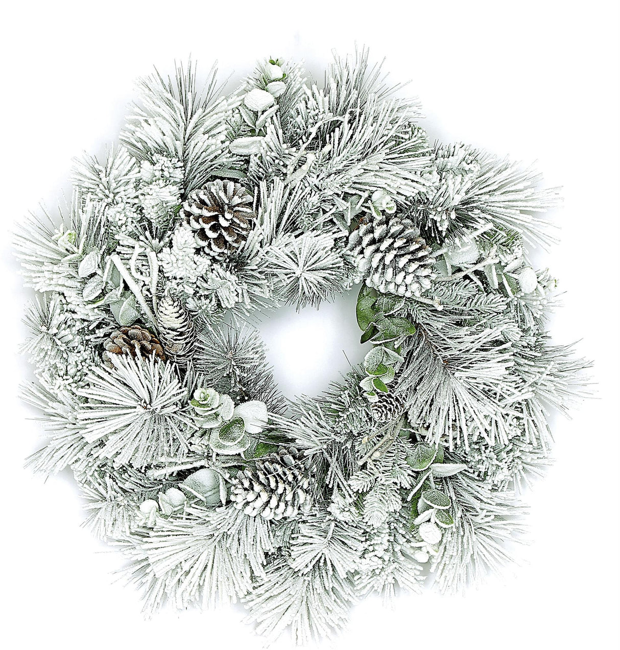 24" Snow Pine Euc Leaves Wreath