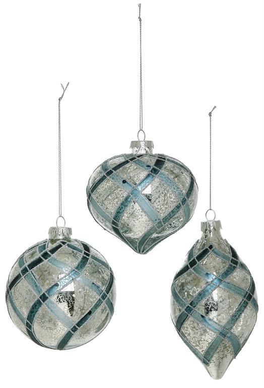 Mercury Glass Blue Stripe Ornament - 3 Styles