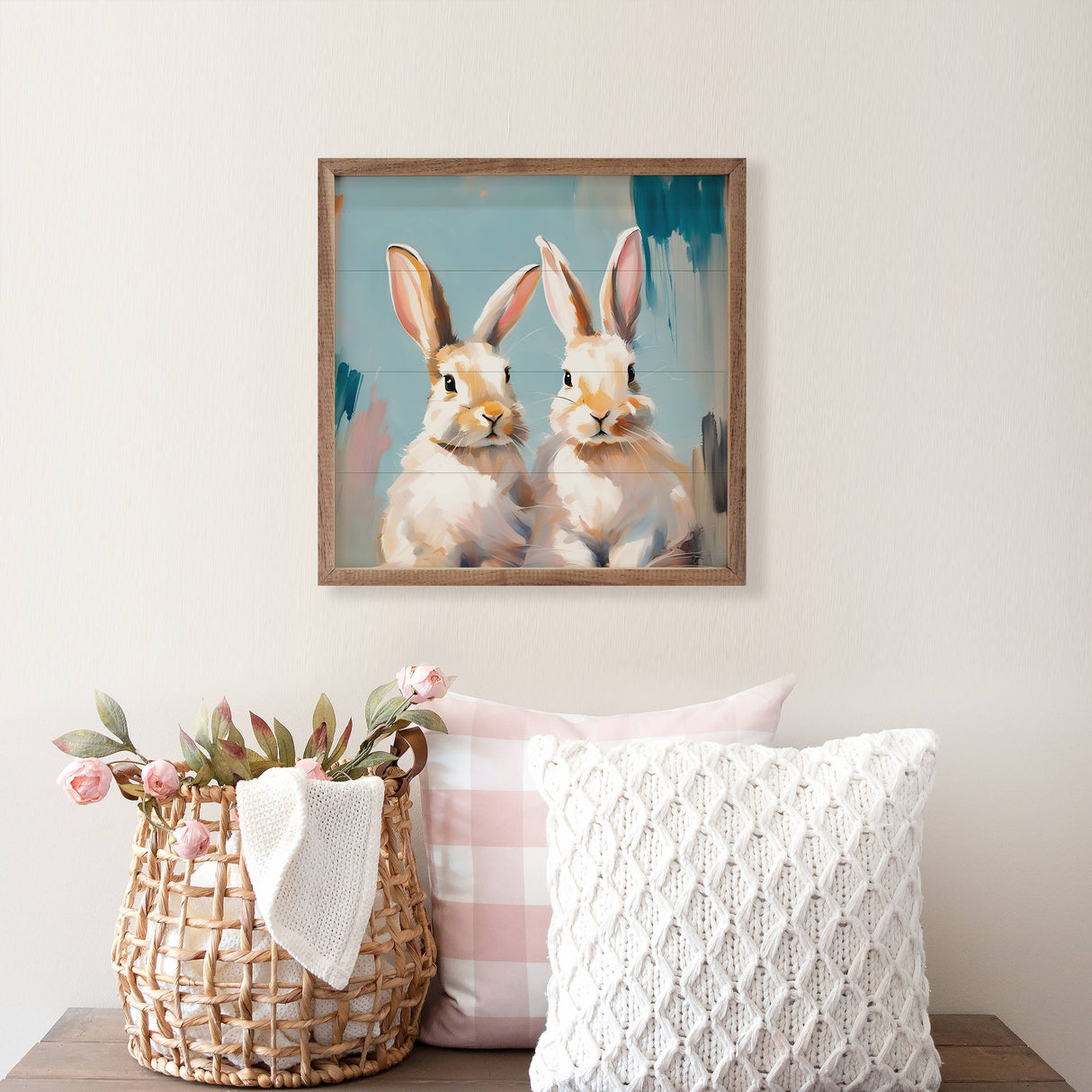Bunny Pair Bunch Of Carrots Whitewash Wood Art