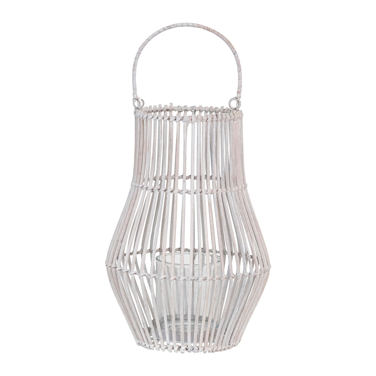 Hand-Woven Bamboo Lantern w/ Handle & Glass Insert, Whitewashed