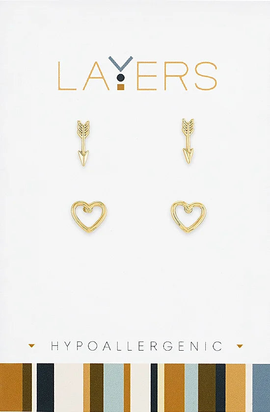 Gold Arrow & Open Heart Duo Layers Earrings